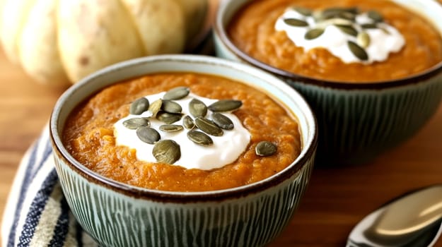 healthy pumpkin soup with ginger carrots and coconut milk . AI generative.
