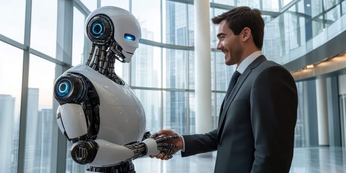 Cooperation between human and robot controlled by AI algorithms. AI generative.