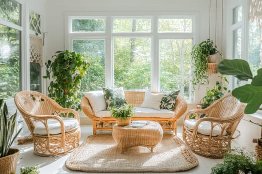 Sunlit sunroom with wicker furniture, white cushions, and lush plants framing large windows overlooking garden.