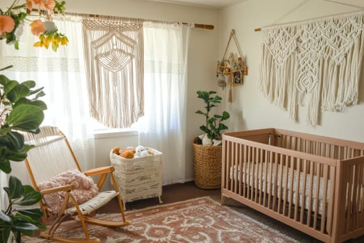 Charming nursery with wooden crib, macrame decor, rocking chair, and floral elements, creating a dreamy bohemian space.