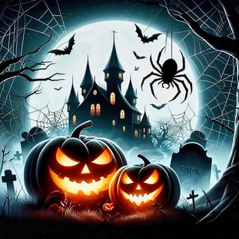 Cemetery at Helloween. Pumpkin, gravestone, fog, vampire, bat, full moon. AI generated