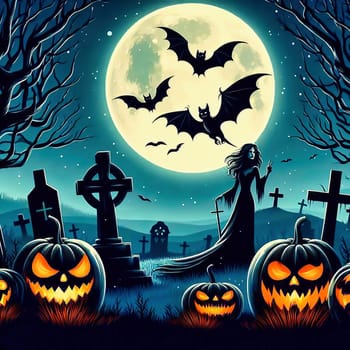 Cemetery at Helloween. Pumpkin, gravestone, fog, vampire, bat, full moon. AI generated