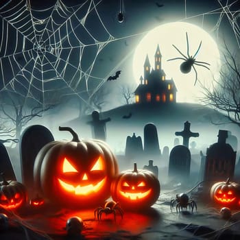 Cemetery at Helloween. Pumpkin, gravestone, fog, vampire, bat, full moon. AI generated