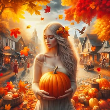 Beautiful woman with dress, carrying a pumpkin in autumn time, with colorful leaves. AI generated