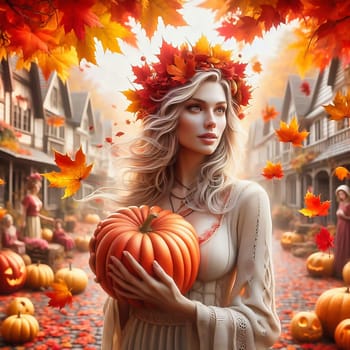 Beautiful woman with dress, carrying a pumpkin in autumn time, with colorful leaves. AI generated