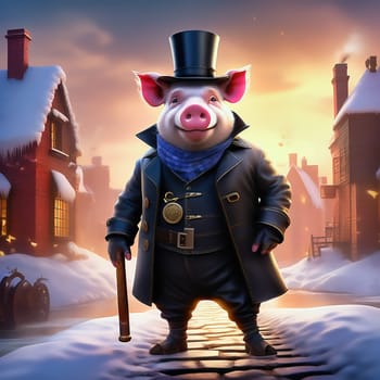 Happy pig. The image shows a happy pig in a chimney sweep outfit with a top hat, standing on the street in front of a city skyline at sunset. AI generated image on a rooftop in front of a city skyline at sunset. AI generated image