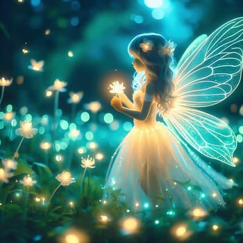 Fairy in the forest with glowing elements. Fantasy picture from a fairytale forest. AI generated