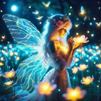 Fairy in the forest with glowing elements. Fantasy picture from a fairytale forest. AI generated