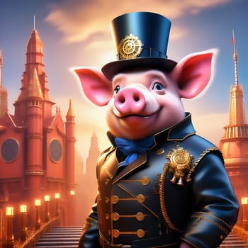 Happy pig. The image shows a happy pig in a chimney sweep outfit with a top hat, standing on the street in front of a city skyline at sunset. AI generated image