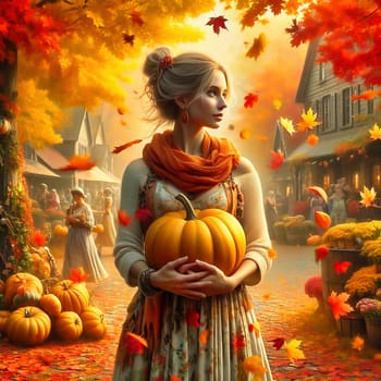 Beautiful woman with dress, carrying a pumpkin in autumn time, with colorful leaves. AI generated
