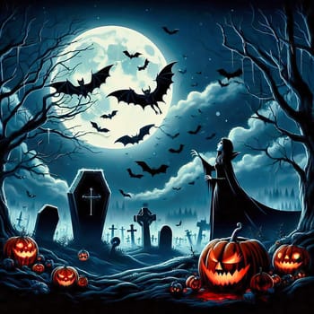 Cemetery at Helloween. Pumpkin, gravestone, fog, vampire, bat, full moon. AI generated