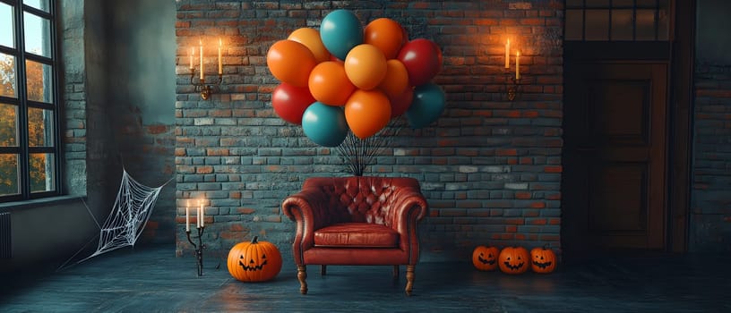 The Halloween scene with armchair, colorful balloons, decorations and old walls gives a sense of fun and mystery. The contrast between the colorful balloons and the old and charming charm of the wall.