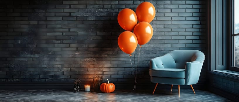 The Halloween scene with armchair, colorful balloons, decorations and old walls gives a sense of fun and mystery. The contrast between the colorful balloons and the old and charming charm of the wall.