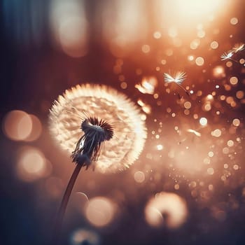 Dandelion, seeds fly through the air with soft bokeh at sunset and romantic light. AI generated