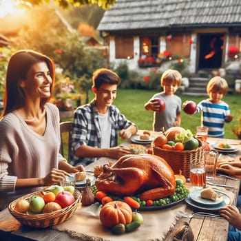 Harvest festival with the family. Traditional family celebration. Holiday with food. Celebration in the garden at the wooden table. AI generated image