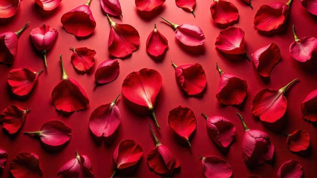 A close up of red flower petals on a red background. The petals are arranged in a pattern, creating a sense of movement and depth. The image evokes a feeling of romance and beauty