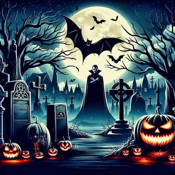 Cemetery at Helloween. Pumpkin, gravestone, fog, vampire, bat, full moon. AI generated