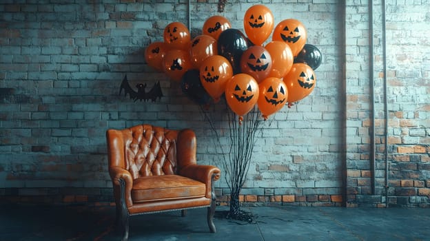 The Halloween scene with armchair, colorful balloons, decorations and old walls gives a sense of fun and mystery. The contrast between the colorful balloons and the old and charming charm of the wall.