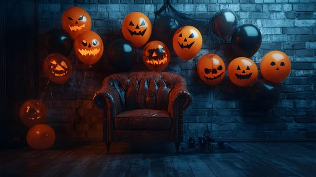 The Halloween scene with armchair, colorful balloons, decorations and old walls gives a sense of fun and mystery. The contrast between the colorful balloons and the old and charming charm of the wall.