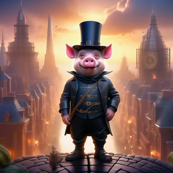 Happy pig. The image shows a happy pig in a chimney sweep outfit with a top hat, standing on the street in front of a city skyline at sunset. AI generated image