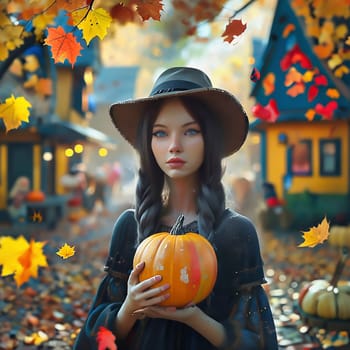 Woman with a pumpkin in her hand. Dressed up for Helloween. Leaves for autumn. AI generated