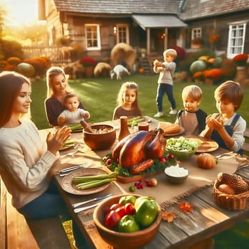 Harvest festival with the family. Traditional family celebration. Holiday with food. Celebration in the garden at the wooden table. AI generated image