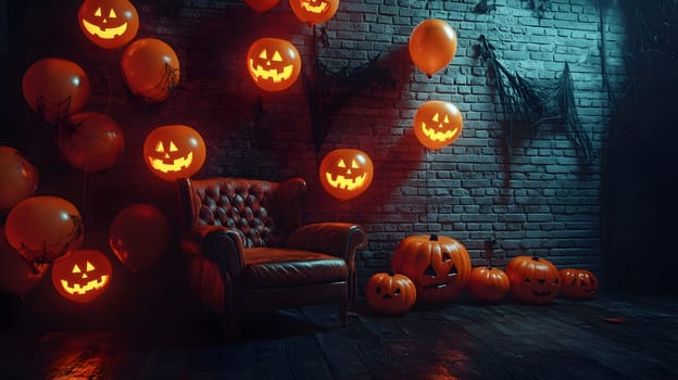 The Halloween scene with armchair, colorful balloons, decorations and old walls gives a sense of fun and mystery. The contrast between the colorful balloons and the old and charming charm of the wall.