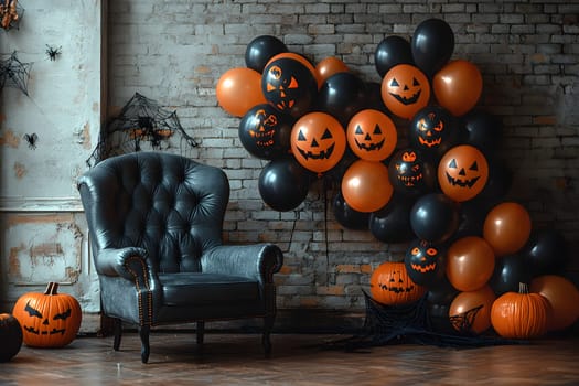 The Halloween scene with armchair, colorful balloons, decorations and old walls gives a sense of fun and mystery. The contrast between the colorful balloons and the old and charming charm of the wall.
