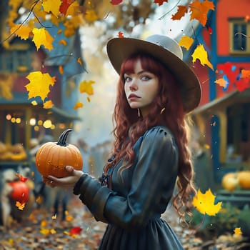 Woman with a pumpkin in her hand. Dressed up for Helloween. Leaves for autumn. AI generated