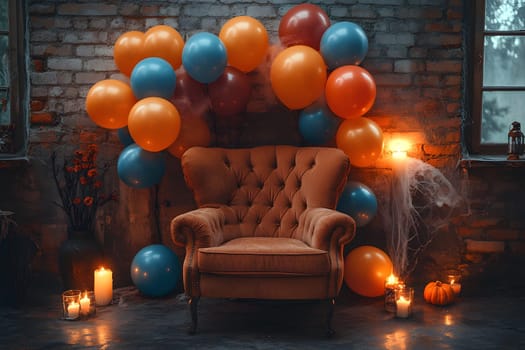 The Halloween scene with armchair, colorful balloons, decorations and old walls gives a sense of fun and mystery. The contrast between the colorful balloons and the old and charming charm of the wall.