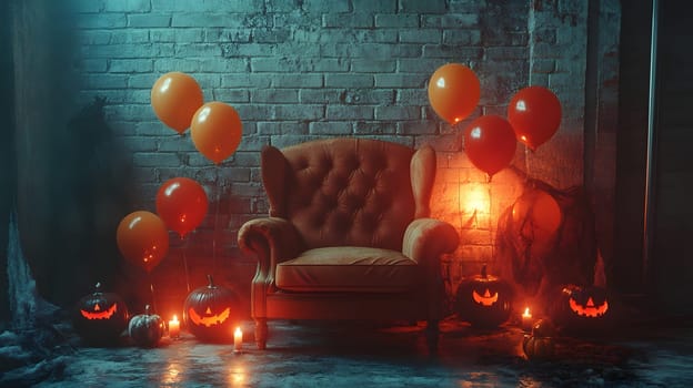 The Halloween scene with armchair, colorful balloons, decorations and old walls gives a sense of fun and mystery. The contrast between the colorful balloons and the old and charming charm of the wall.