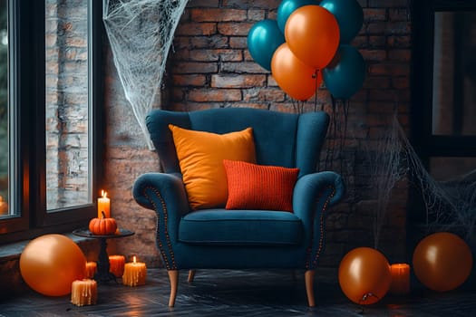 The Halloween scene with armchair, colorful balloons, decorations and old walls gives a sense of fun and mystery. The contrast between the colorful balloons and the old and charming charm of the wall.