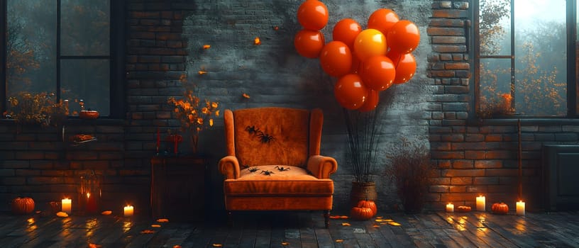 The Halloween scene with armchair, colorful balloons, decorations and old walls gives a sense of fun and mystery. The contrast between the colorful balloons and the old and charming charm of the wall.
