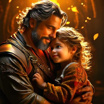 Father and daughter. The picture shows a smiling man with a beard, lovingly holding a little girl in his arms. Both look at each other happily, surrounded by warm, golden light. AI generated image