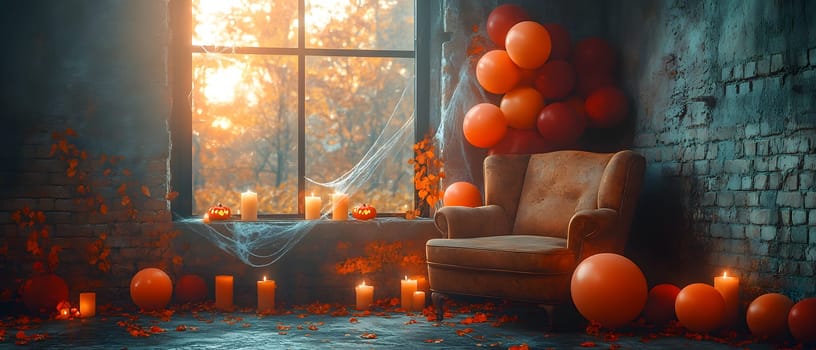 The Halloween scene with armchair, colorful balloons, decorations and old walls gives a sense of fun and mystery. The contrast between the colorful balloons and the old and charming charm of the wall.