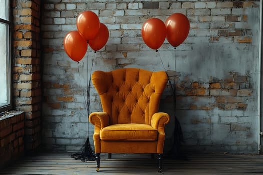 The Halloween scene with armchair, colorful balloons, decorations and old walls gives a sense of fun and mystery. The contrast between the colorful balloons and the old and charming charm of the wall.