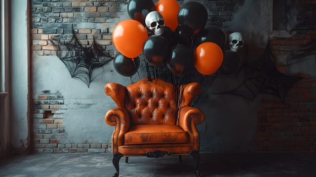 The Halloween scene with armchair, colorful balloons, decorations and old walls gives a sense of fun and mystery. The contrast between the colorful balloons and the old and charming charm of the wall.