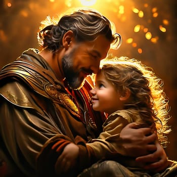 Father and daughter. The picture shows a smiling man with a beard, lovingly holding a little girl in his arms. Both look at each other happily, surrounded by warm, golden light. AI generated image