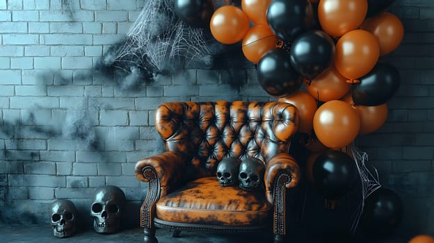 The Halloween scene with armchair, colorful balloons, decorations and old walls gives a sense of fun and mystery. The contrast between the colorful balloons and the old and charming charm of the wall.