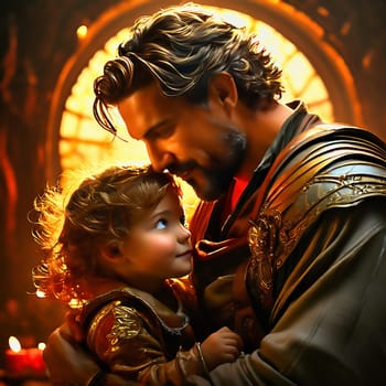 Father and daughter. The picture shows a smiling man with a beard, lovingly holding a little girl in his arms. Both look at each other happily, surrounded by warm, golden light. AI generated image