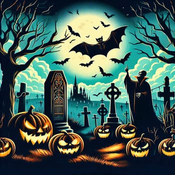 Cemetery at Helloween. Pumpkin, gravestone, fog, vampire, bat, full moon. AI generated