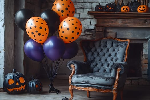 The Halloween scene with armchair, colorful balloons, decorations and old walls gives a sense of fun and mystery. The contrast between the colorful balloons and the old and charming charm of the wall.