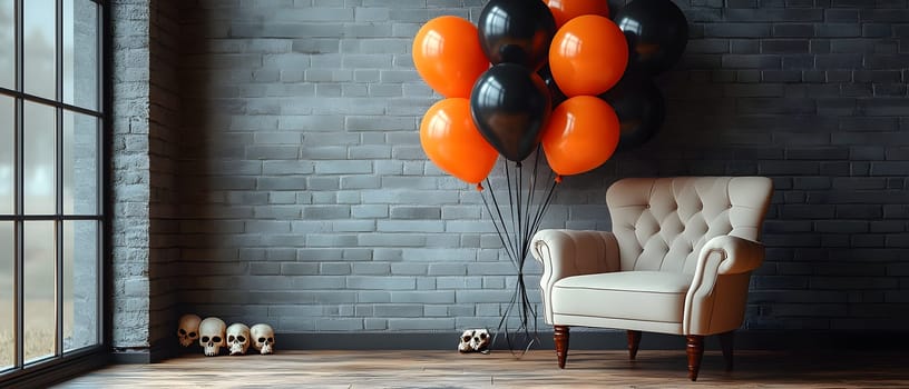 The Halloween scene with armchair, colorful balloons, decorations and old walls gives a sense of fun and mystery. The contrast between the colorful balloons and the old and charming charm of the wall.