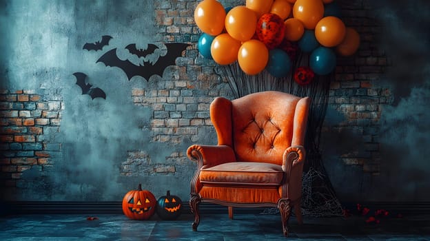 The Halloween scene with armchair, colorful balloons, decorations and old walls gives a sense of fun and mystery. The contrast between the colorful balloons and the old and charming charm of the wall.