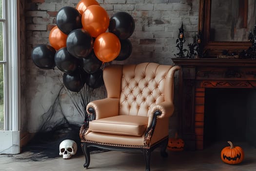 The Halloween scene with armchair, colorful balloons, decorations and old walls gives a sense of fun and mystery. The contrast between the colorful balloons and the old and charming charm of the wall.