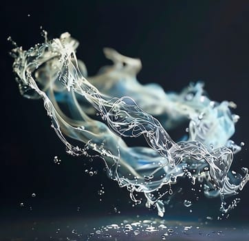 A dynamic image of water in motion, frozen in detailed, wave-like structures. The drops float in the air and lend elegance to the scene
