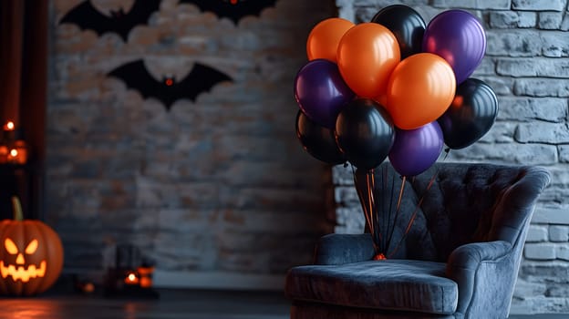 The Halloween scene with armchair, colorful balloons, decorations and old walls gives a sense of fun and mystery. The contrast between the colorful balloons and the old and charming charm of the wall.