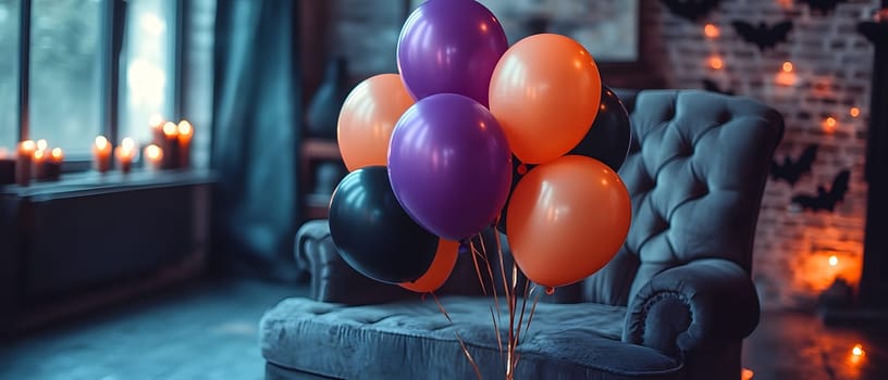 The Halloween scene with armchair, colorful balloons, decorations and old walls gives a sense of fun and mystery. The contrast between the colorful balloons and the old and charming charm of the wall.
