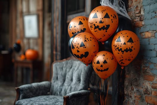 The Halloween scene with armchair, colorful balloons, decorations and old walls gives a sense of fun and mystery. The contrast between the colorful balloons and the old and charming charm of the wall.