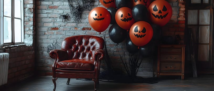 The Halloween scene with armchair, colorful balloons, decorations and old walls gives a sense of fun and mystery. The contrast between the colorful balloons and the old and charming charm of the wall.